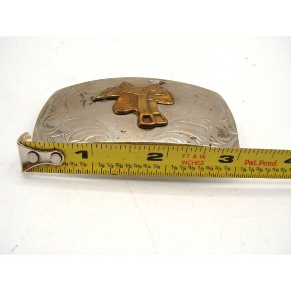 Justin Nickel Silver Gold Saddle Belt Buckle Western Ranch Roping Bullriding Vtg - Picture 7 of 9